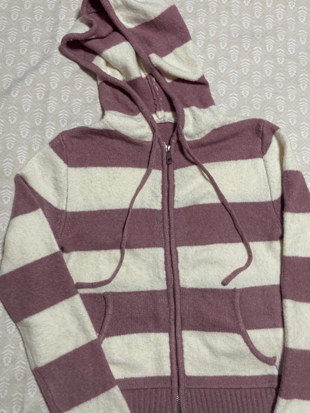 Striped Hooded Zip Sweater - Cream & Mauve